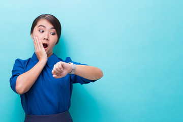 Shy woman check her watch she is late