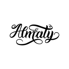 City logo isolated on white. Black label or logotype. Vintage badge calligraphy in grunge style. Great for t-shirts or poster. Almaty, Kazakhstan
