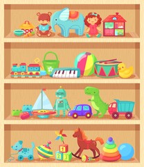 Obraz premium Cartoon toys on wood shelves. Funny animal baby piano girl doll and plush bear. Kids toy shopping shelf vector collection