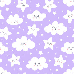 Seamless purple smiling stars and clouds pattern for baby pajamas fabric. Happy sleeping smile star sky. Vector background