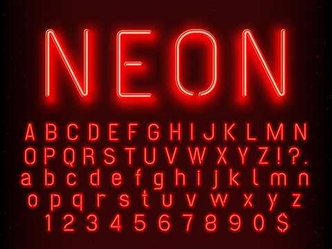 Bar or Casino glowing sign elements. Red neon letters and numbers with fluorescent light vector illustration