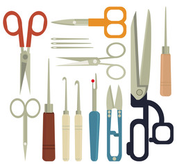Collection sets of Sewing equipment, dressmaking and needlework accessories . Icons set with scissors,threads, awl, hooks. Fashion industry clothing. Sewing accessories. Fashion industry, clothing.