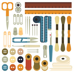 Collection sets of Sewing equipment, dressmaking and needlework accessories . Icons set with needle, tape measure, zippe, scissors, buttons, needles, threads, awl, hooks. Fashion industry clothing.