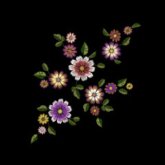 Obraz premium Embroidery summer flower fashion patch. Realistic texture design template. Floral ornate daisy gerbera clothing print decoration vector illustration