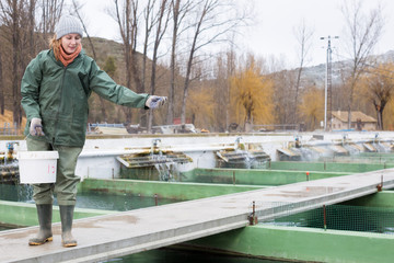 Female feeding fish on sturgeon farm