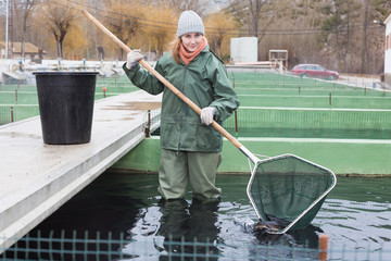 Woman standing in fish tank catching fish on farm