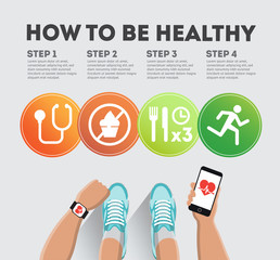 How to be healthy. Infographic how to be healthy. Steps how to be healthy. Four steps how to be healthy. Vector illustration Eps10 file