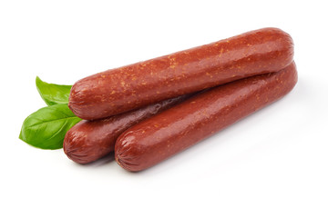 Smoked sausages with fresh herbs, isolated on white background.