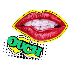 Watercolor hand drawn red woman lips illustration. Pop art style design isolated on white background.