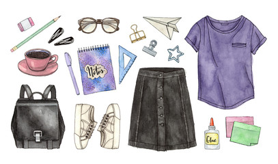 back to school. hand painted watercolor fashion illustration of clothes, accessories and stationery. isolated elements.