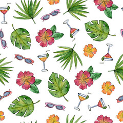 hand painting watercolor illustration. tropical beach party seamless pattern.