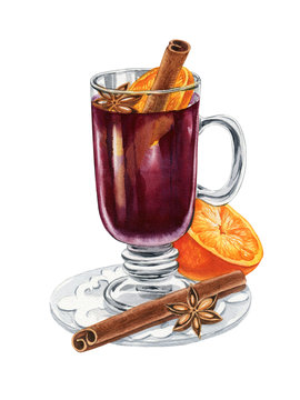 Mulled wine illustration. Watercolor painted mulled wine. Can be used as print, postcard, invitation, greeting card,menudesign, packaging design, textile andso on.