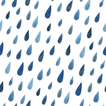 Watercolor Blue Raindrops Seamless Pattern On White Background.