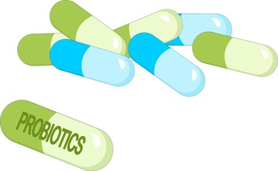 Capsules with green probiotics bacteria. Concept of healthy nutrition ingredient for therapeutic purposes.