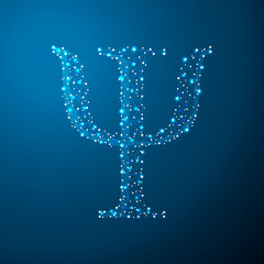Low poly Psi symbol consisting of points, lines and shapes in the form of planets, stars and the universe