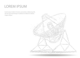 Astronomy. Abstract mash line and point radio telescope. Abstract image of a starry sky or space, consisting of points,  in the form of planets, stars and the universe. Low poly vector