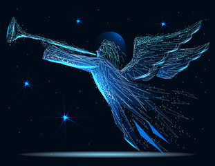 Christmas angel. Abstract image of a starry sky or space, consisting of points, lines, and shapes in the form of planets, stars and the universe. Low poly vector