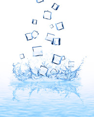 Collage of ice cubes in water splashes