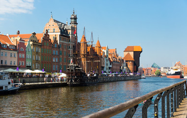 Motlawa embankment with moored wooden pleasure, Gdansk
