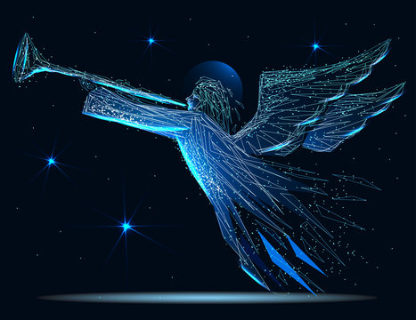 Christmas angel. Abstract image of a starry sky or space, consisting of points, lines, and shapes in the form of planets, stars and the universe. Low poly vector