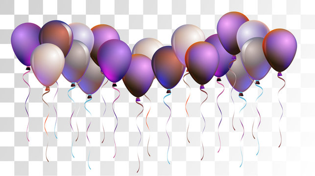 Bright Realistic Helium Vector Balloons Flying. Happy Birthday, New Year Party Ornament. Neon Modern Holidays Decoration, Air Helium Balloons. Celebration, Music Poster Discount Card Cool Design.