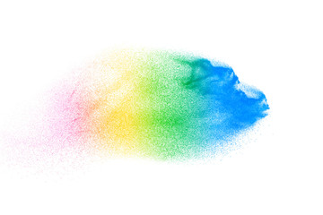 Abstract Multicolored sand explosion isolated on white background. Abstract sand cloud....