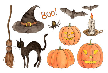 watercolor sketch halloween set. hand painting isolated elements.