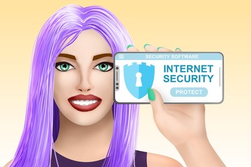 Concept Internet security software. Drawn nice girl on colourful background. Illustration