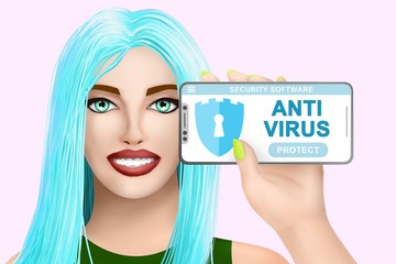 Concept anti virus software. Drawn pretty girl on vivid background. Illustration