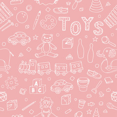 Pattern from different toys sketches on pink background. Hand drawn baby vector illustration. 