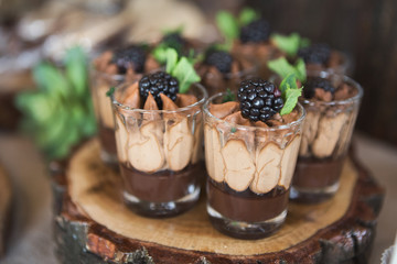 Chocolate dessert topped with cream and blackberry