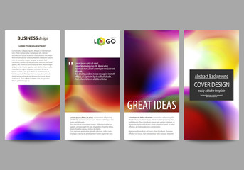 Naklejka premium Flyers set, modern banners. Business templates. Cover template, easy editable flat layouts, vector illustration. Colorful design background with abstract shapes, bright cell backdrop.
