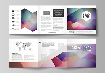 Set of business templates for tri fold square brochures. Leaflet cover, flat style vector layout. Bright color pattern, colorful design with overlapping shapes forming abstract beautiful background.