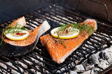 grilled salmon filet on barbecue - healthy food