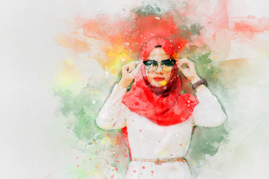 Painting watercolor of beautiful young muslim woman purple hijab.digital art style, illustration painting.