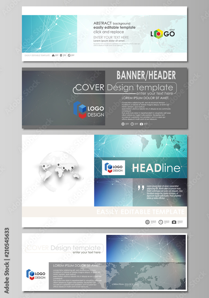 Poster The minimalistic vector illustration of editable layout of social media, email headers, banner design templates in popular formats. Molecule structure, connecting lines and dots. Technology concept.