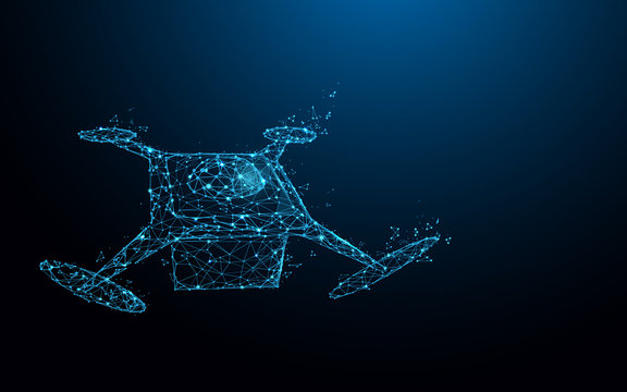 Drone delivering form lines, triangles and particle style design. Illustration vector