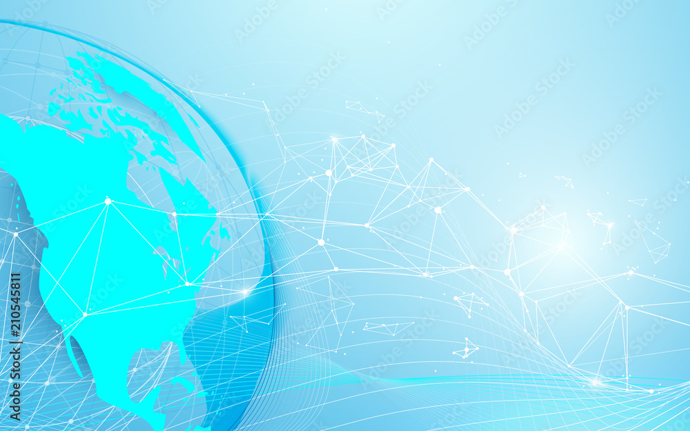 Poster global and world map with lines and triangles, point connecting network on blue background. illustra