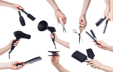 Human hands holding hairdressing tools isolated on white
