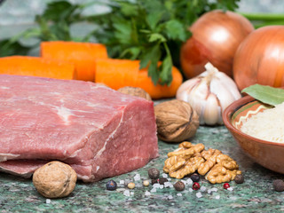 Shallow DOF.Ingredients for the soup kharcho.  Georgian cuisine.