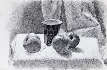 Naklejka premium still life, pencil drawing, sketch 