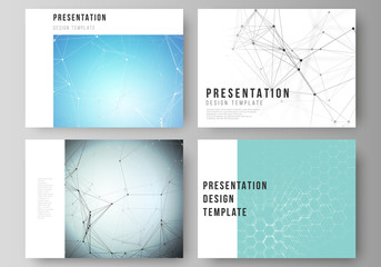 The minimalistic abstract vector layout of the presentation slides design business templates. Technology, science, medical concept. Molecule structure, connecting lines and dots. Futuristic background