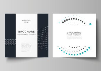 The minimal vector illustration of editable layout of two square format covers design templates with simple geometric background made from dots, circles, rectangles for brochure, flyer, magazine.