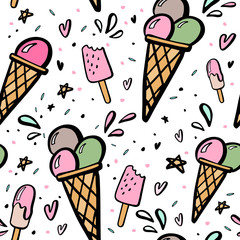 Background with hand drawn illustrations of ice cream.