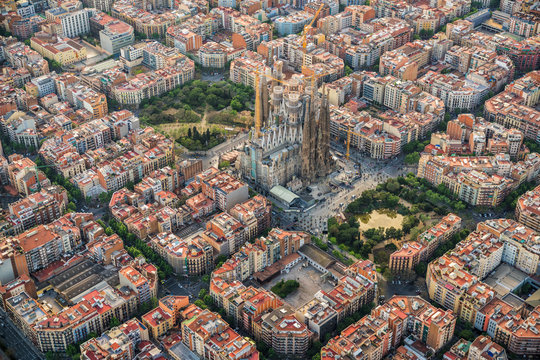 Barcelona aerial view, Eixample residential district and Sagrada Familia Basilica, Spain