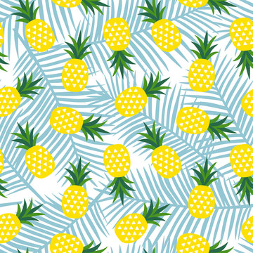 yellow pineapple with triangles geometric fruit summer tropical exotic hawaii sweet pattern on a blue palm leaves background seamless vector