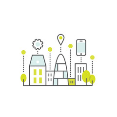 Vector Icon Style Illustration of Smart City Concept and Technology, One Page Web or Mobile Template Composition with Cloud, Buildings, Devices and Smart Solutions