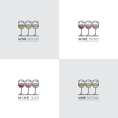 Vector Icon Style Illustration Logo of Winery or Wine Bar or Restaurnat, Menu List Picture, Red, Rose and White Drink in Winegrall. Minimalistic Outline Concept