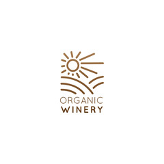 Vector Icon Style Illustration Logo of Organic Natural Winery or Wineyard, Quality Label or Badge for a Production Pachage or Bottle, Minimalistic Outline Concept with Field and Sun