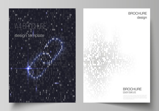 Vector layout of A4 format cover mockups design templates for brochure, magazine, flyer, booklet, report. Binary code background. AI, big data, coding or hacker concept, digital technology background
